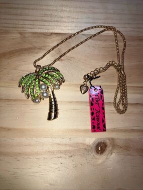 Betsey Johnson Gold Palm Tree Pendant with Neon Green Crystals & Faux Pearls New